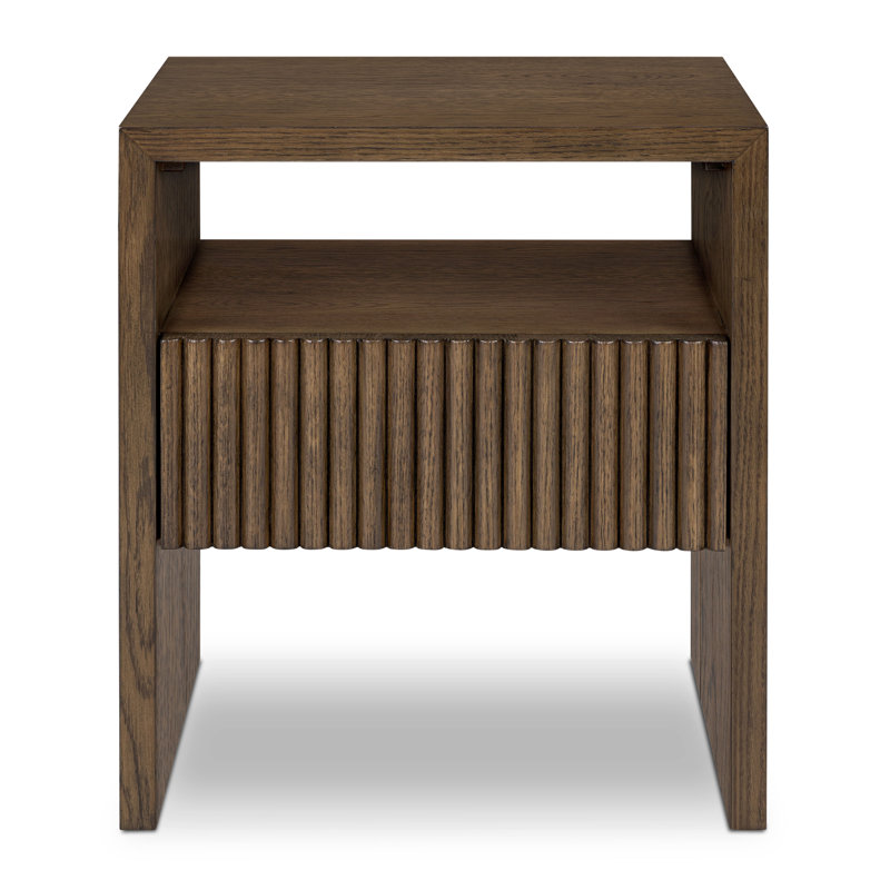 Table de chevet en chêne avec tiroir nervuré, Brun