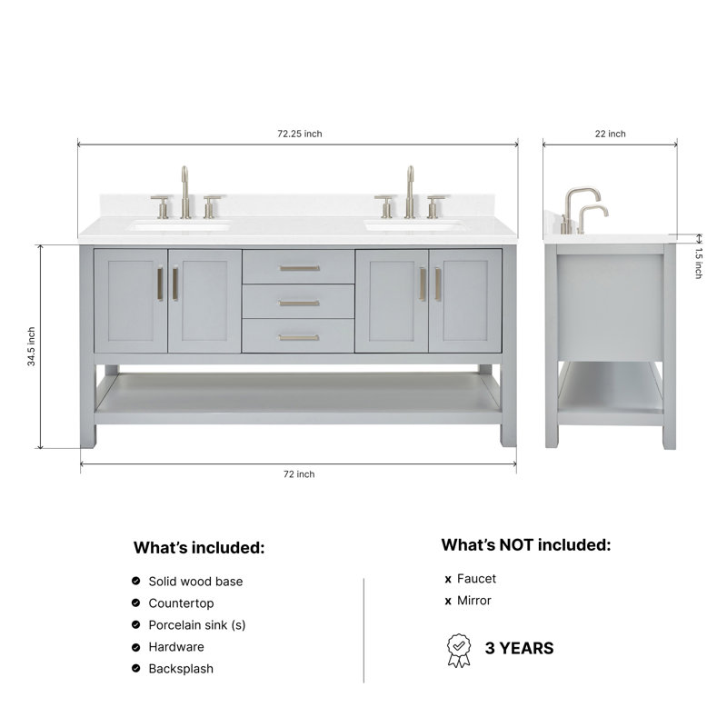 ARIEL Magnolia 72 Double Bathroom Vanity with Top, Rectangular, Gray