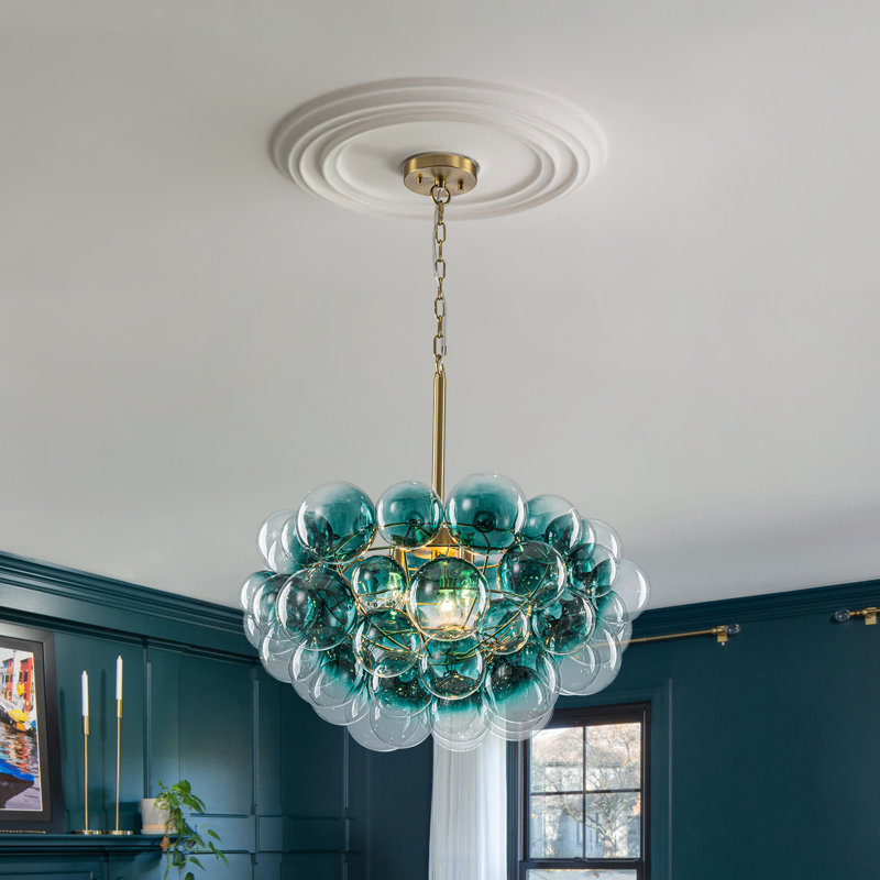 3-Light Gradual Teal Glass Bubble Globe Chandelier