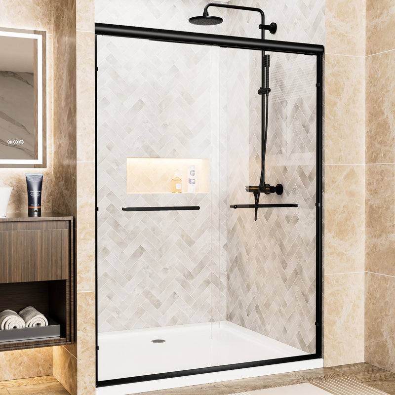 Matte Black Aluminum Frame Double Sliding Shower Door 72" H, 54" W, 1/4"  6Mm  Clear Tempered Glass With -Proof Film, Dual Stainless Steel Handles, Adjustable Width For Bathroom High Wide Featuring