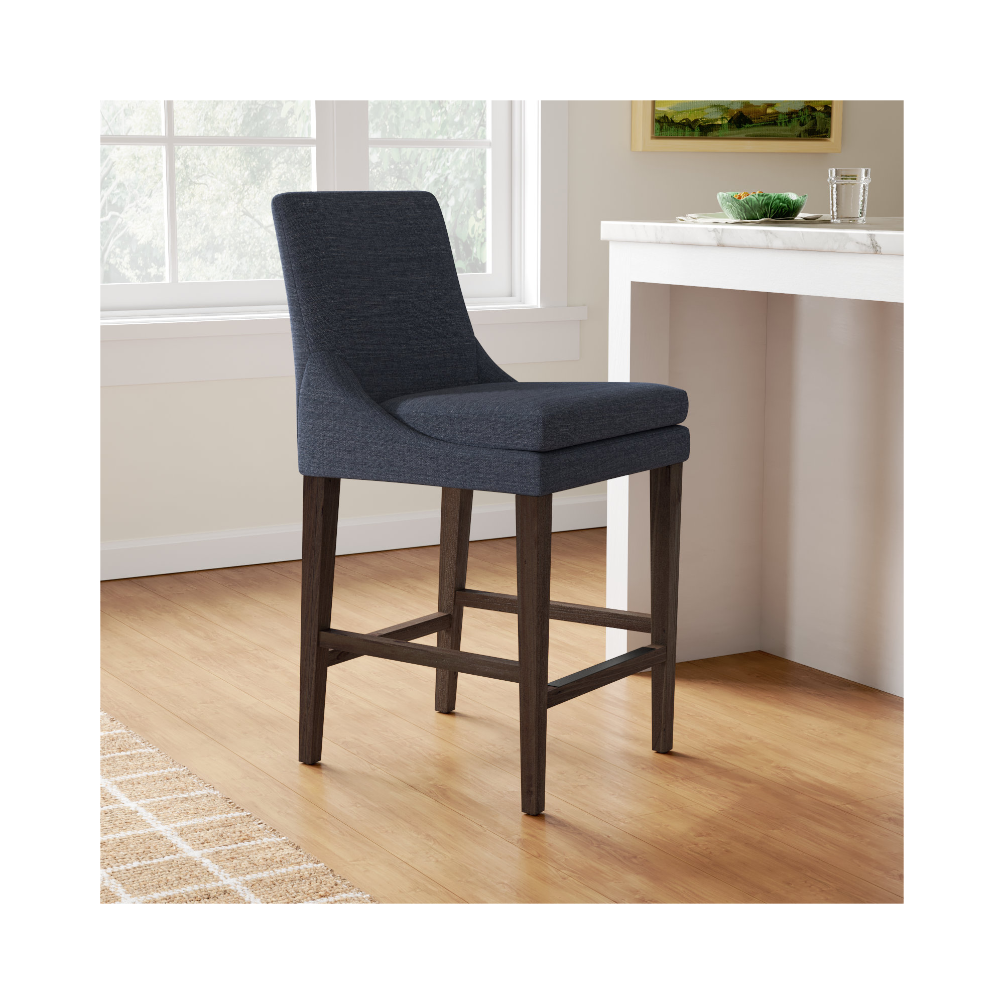Niara Upholstered Counter & Bar Stool, Counter Stool (26” Seat Height), Effie Indigo Performance Linen