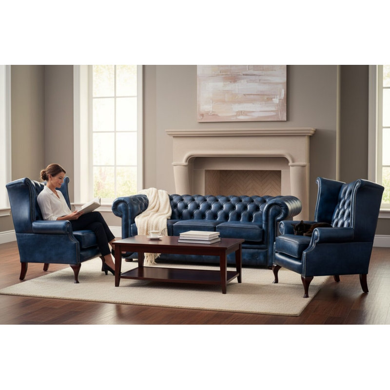 Chesterfield 3 Seater Sofa + 2 X Queen Anne Chairs Leather Sofa Suite Offer, Blue