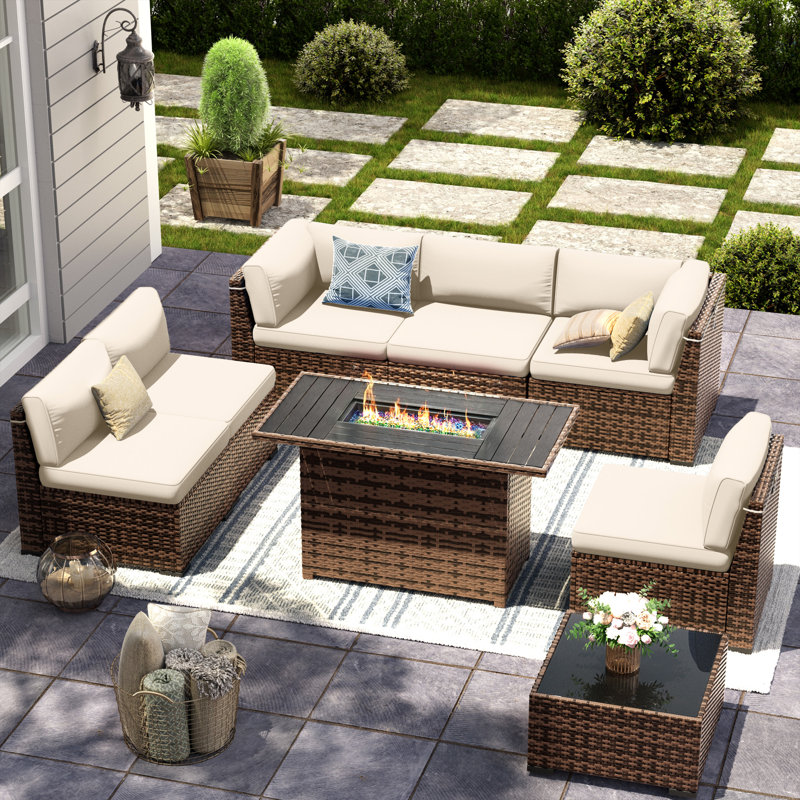 Ensemble de conversation modulaire robuste en osier PE brun pour 6 personnes, Non, Beige, Brun