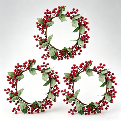 3 Pack Artificial Red Berry Candle Ring Wreath with Faux Green Holly Leaves for Holiday Mantel Wall and Multi Space Indoor Seasonal Decoration
