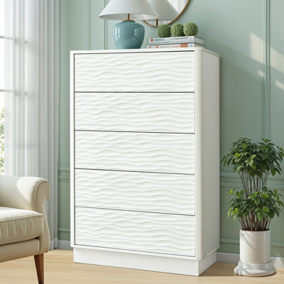 43“ Tall Modern Fluted 5 Drawer Dresser With Curved Edge, Chest Of Drawers Handless Design For Bedroom & Closet Island, White Wave-like Dresser Storage Organizer with Extra Deep Drawers, Gift