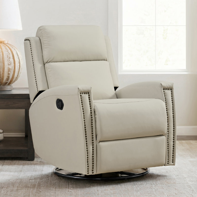 Shamelia 38.2'' W Modern Manual Swivel Glider Recliner with Nailhead Trim, Beige Faux Leather