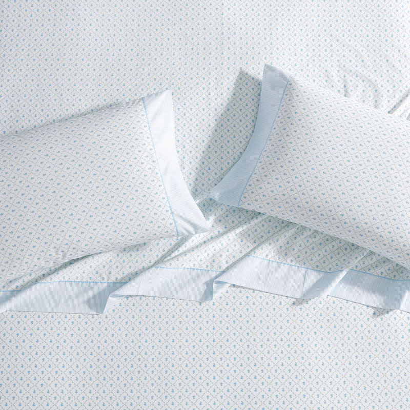 Laura Ashley Kate Cotton Printed Hem Blue Full Sheet Set, Queen Sheet Set with 1 Fitted Sheet +2 Pillowcases