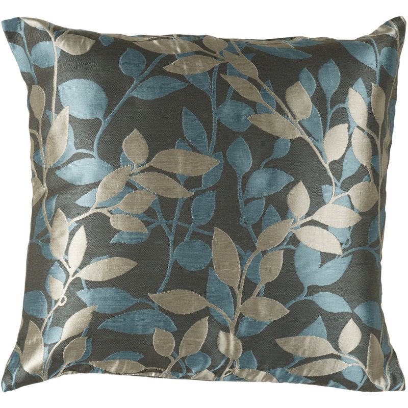 18" Aqua and Dark Green Embroidered Polyester Pillow