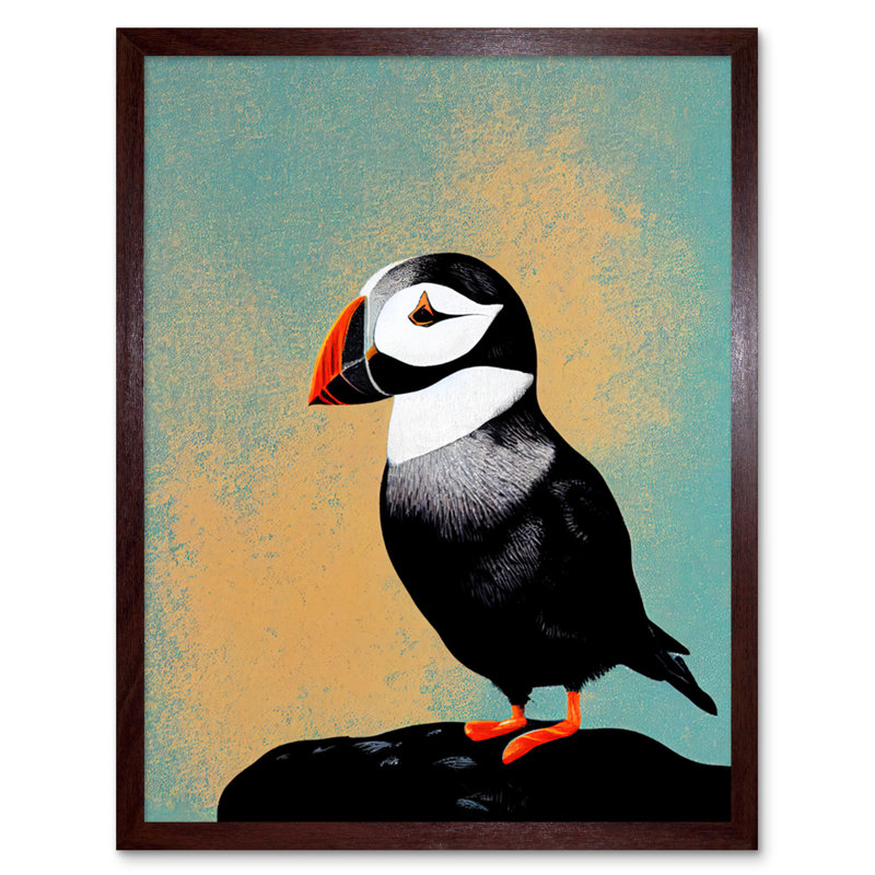 Cute Puffin Bird Rock Modern Illustration - Rectangle Print, 25.9cm H x 20.6cm W x 1.5cm D, Brown Framed Unframed