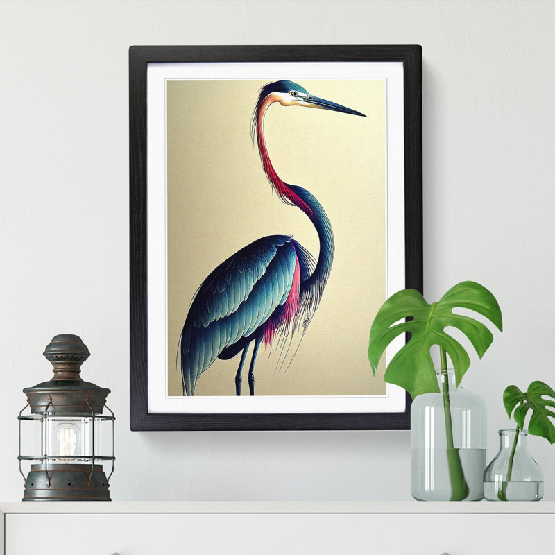 Watercolour Heron Bird Vol.2 - Single Picture Frame Print, 34cm H x 25cm W x 2cm D, Walnut