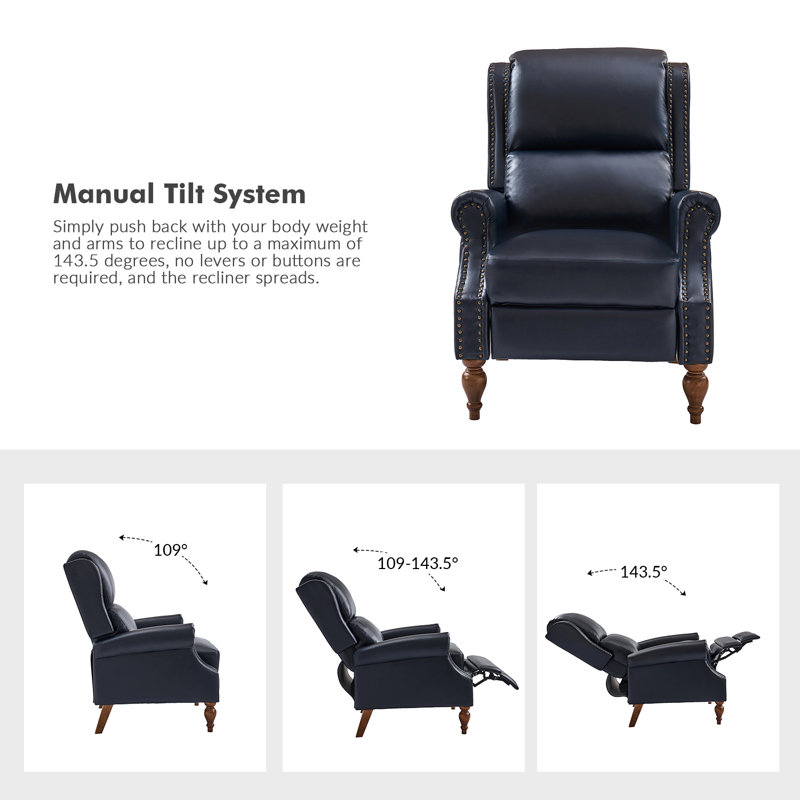 Asah Vegan Leather Manual Push Back Recliner, Navy