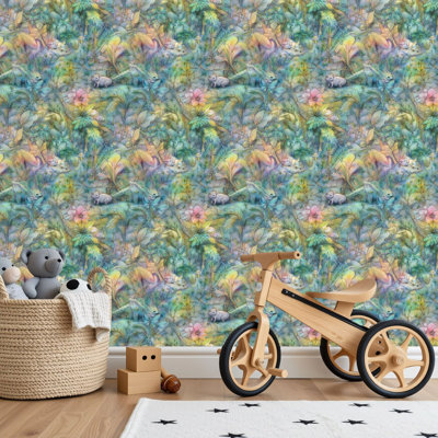 Peel and Stick PVC Wallpaper, Removable Self-Adhesive Wall Covering With Dinosaur Garden Watercolor Wall Art for Kids Room Decor Print, Waterproof for Home Decor - Roll