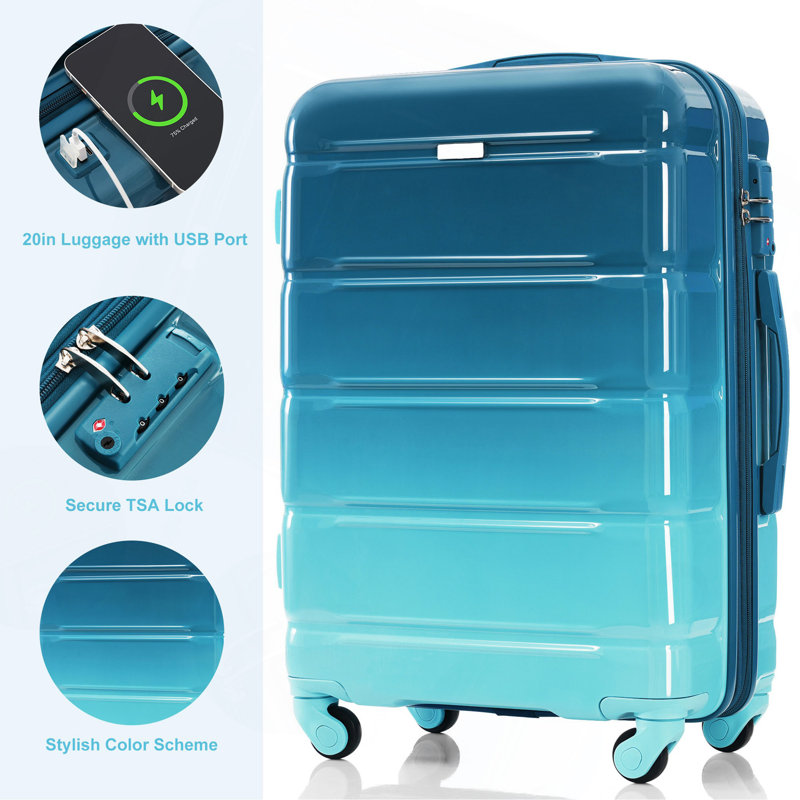 Ensemble de bagages 5 pièces, 20 pouces avec port USB, valise durable en ABS avec sac de voyage, bagage rigide en ABS + PC avec roulettes