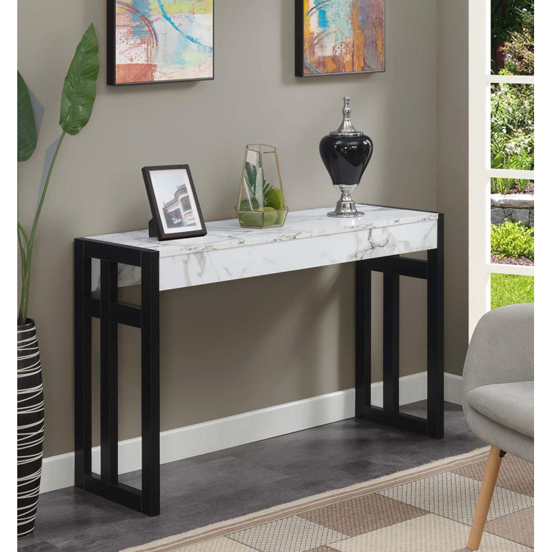 Monterey Console Table With White Faux Marble Top And Black Frame, 2-Tier Shelving, Solid Wood Construction