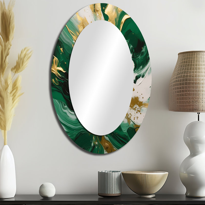 Green And Gold Serene Cascade II - Large Oval Wall Mirror On Metal, 36" x 24"