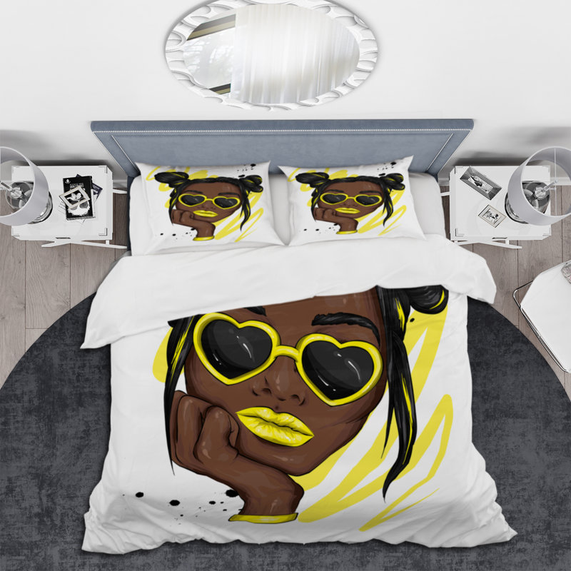 Ensemble de housse de couette en microfibre jaune / noir, Housse de couette pour très grand lit et 2 très
