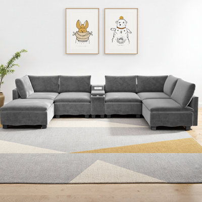 CloudHaven Modular U-Shaped Sectional Sofa with Movable Ottoman, Convertible Chenille Cloud Sofa Bed with Bluetooth Speaker, USB Ports, Cup Holders & Hidden Storage for Living Room