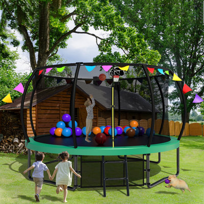 Trampoline récréatif pour enfants 12 pi avec filet de sécurité, échelle et pièces de drapeau, trampolines récréatifs d'extérieur