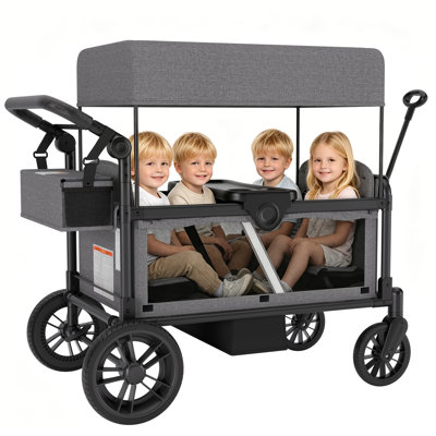 4-Seat Foldable Stroller Wagon for Kids, Side Entry Design with 5-Point Safety Harness, Adjustable Push & Pull Handle and Removable Canopy, Outdoor Kids Wagon Cart