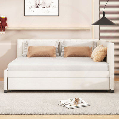 Upholstered Daybed With Trundle Sofa Bed Frame No Box Spring Needed, Linen Fabric