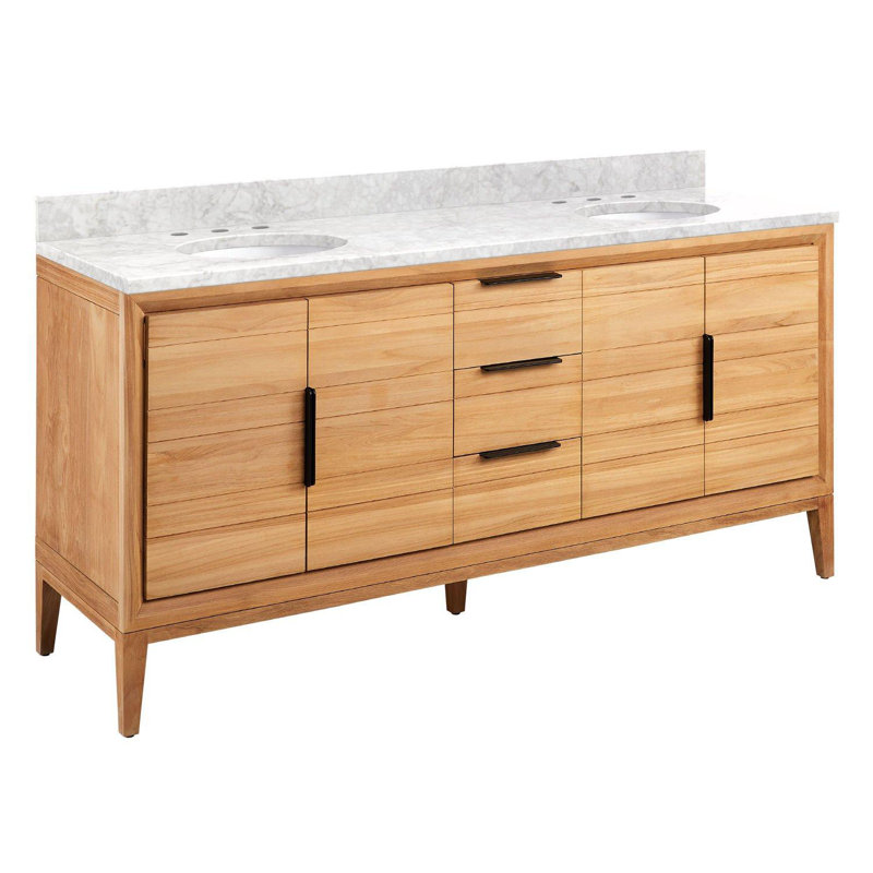 Ensemble de meuble-lavabo double 72 "avec lavabos ovales encastrés Aliso, 8 po, Marbre de Carrare, Teck naturel