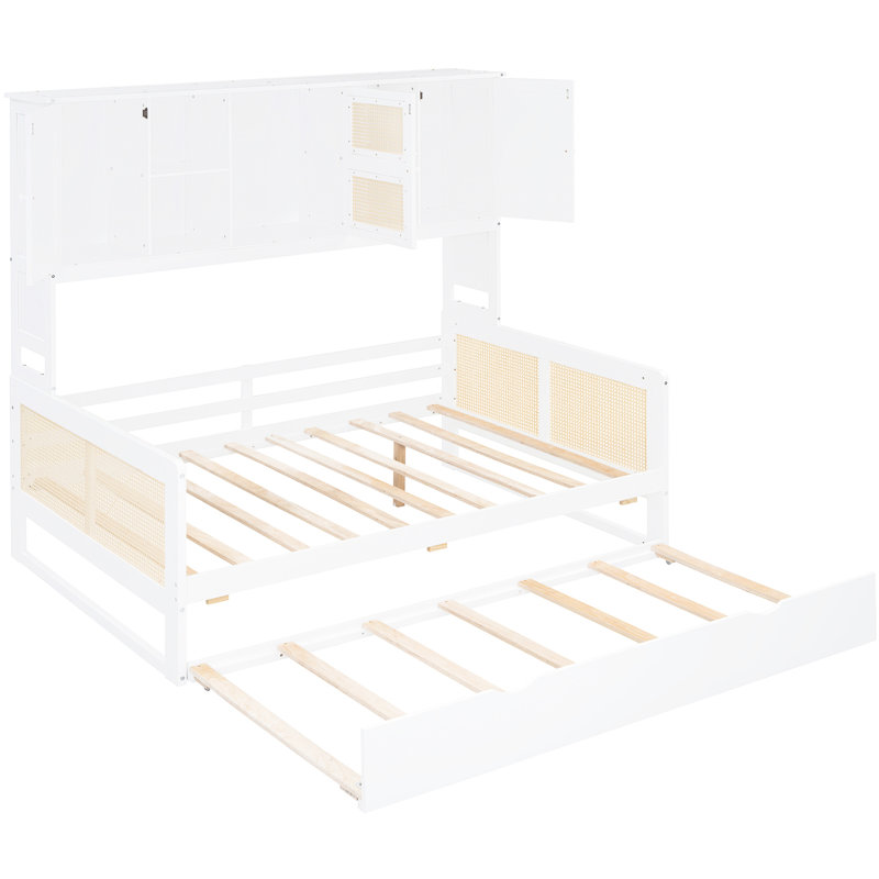 Lit de jour en bois avec lit gigogne simple et armoire, taille et tablette en bois blanc moderne et fonctionnel, Lit double