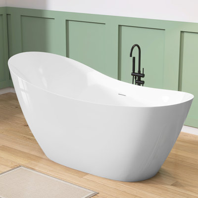 65" W X 29.5'' D Acrylic Freestanding Oval Bathtub Stand Alone Slipper Bath Tub Soaking Modern Bathroom Tub in White with Integrated Overflow & Centre Drain