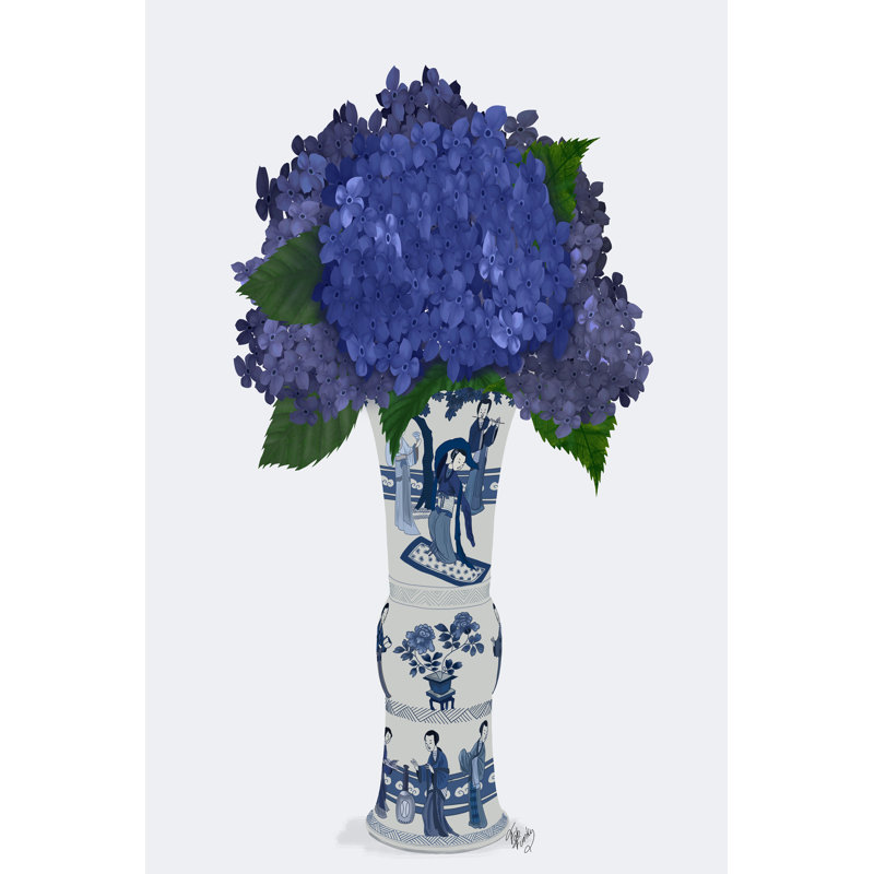 Chinois, hortensia bleu, vase bleu, H 36 po x l 24 po x P 1,25 po