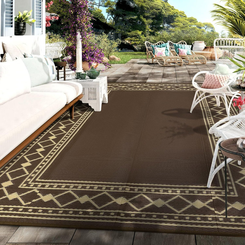  Outdoor Rug 8x10 ft / 9x12 ft / 9x18 ft Plastic Straw Rug Waterproof Patio Rug, Grey Reversible Rug, Foldable Bordered Outdoor Carpet with Storage Bag, 4 Stakes, Camping Mat for Deck, Garden
