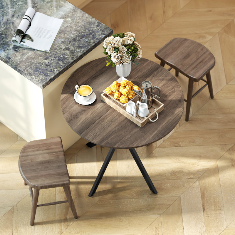 Table de salle à manger ronde, table de cuisine industrielle avec pieds croisés en acier, Bois brun foncé, Noir