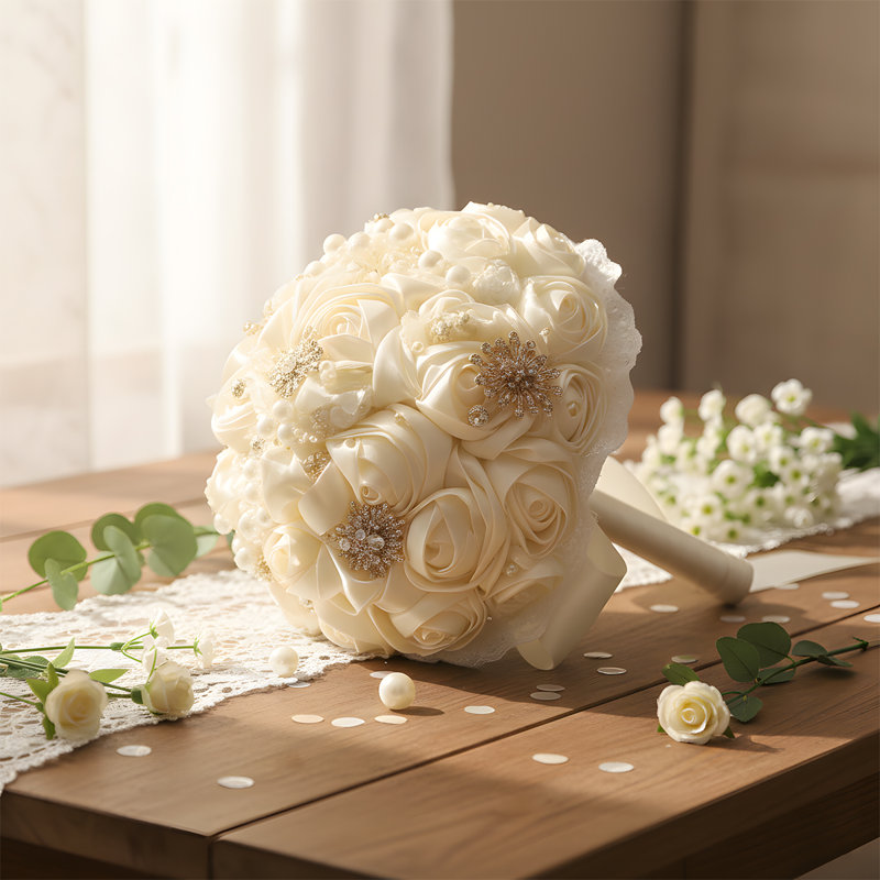 Bouquet de mariage rond en satin de rose fait à la main 7 pouces, Ivoire