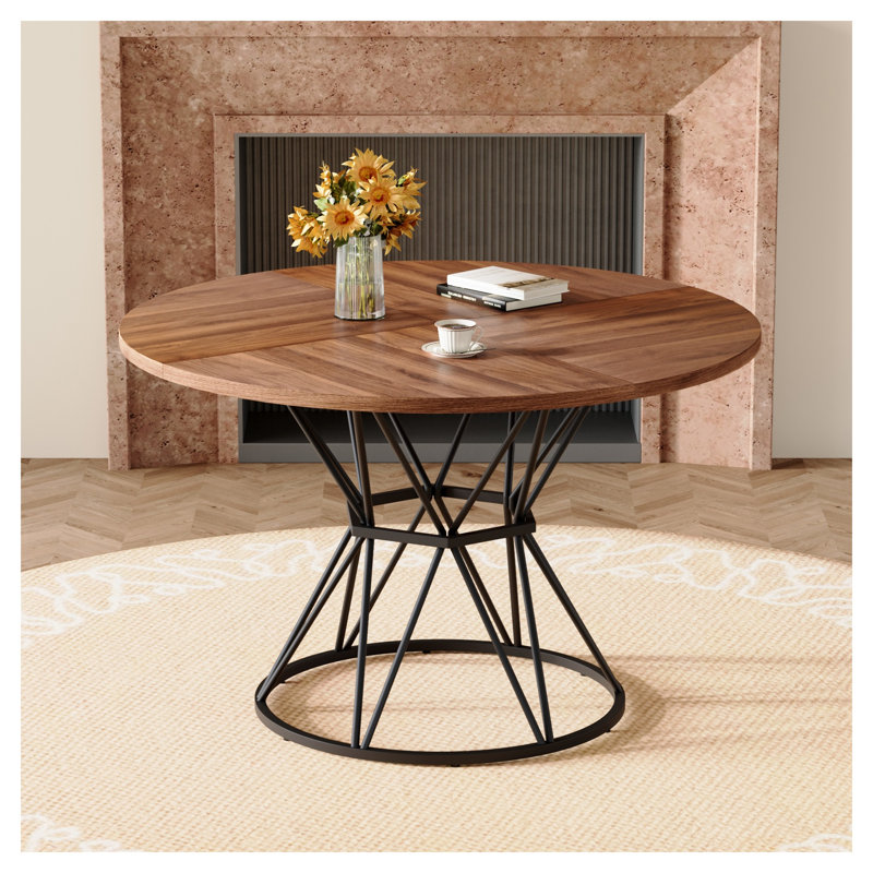 Table de salle à manger ronde 47,3 po pour 4-6, plateau industriel moderne en bois aggloméré grain de bois avec base en sablier noir