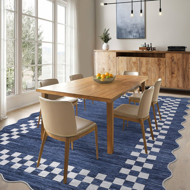 Scalloped Area Rug Modern Bordered Accent Carpet, Non-Slip Geometric Floor Cover, Stain-Resistant Low Pile Indoor Mat, Easy to Clean Rugs