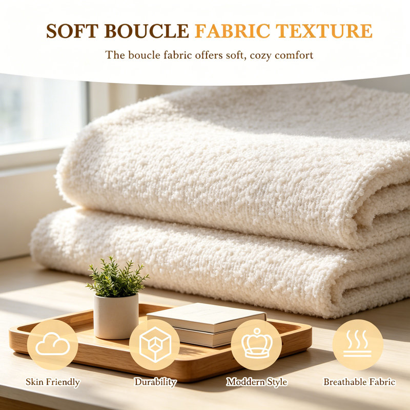  Très grande tête de lit courbée en tissu Boucle, avec structure en métal et sans sommier, Très grand, Blanc