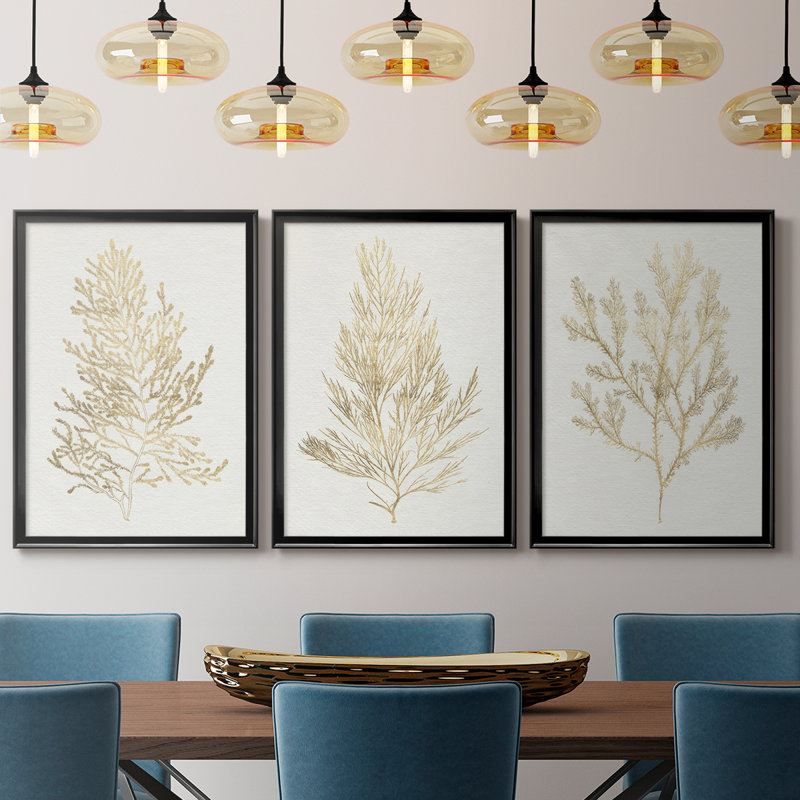 Gilded Algae IV - Toile tendue avec châssis sur mesure - 3 pièces, Noir, noir, noir, noir, H 30 po x l 63 po