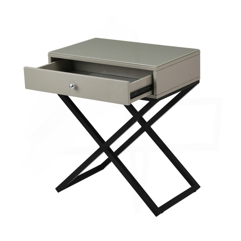 Koraldo 23"W Taupe Wooden End Side Table Nightstand With Glass Top, Drawer And Metal Cross Base, Olive Green
