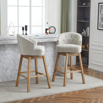 Kian 33.25" Upholstered Solid Rubber Wood Swivel Bar Stools