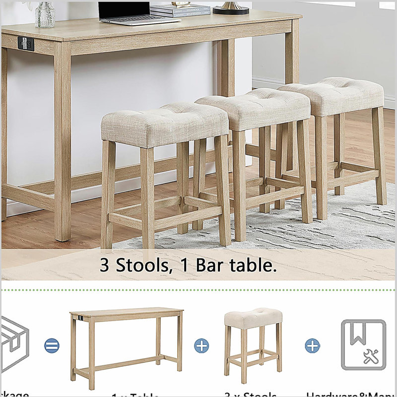 Ensemble de table de bar 4 pièces, table de bar et 3 tabourets rembourrés, Chêne clair, Beige / chêne clair