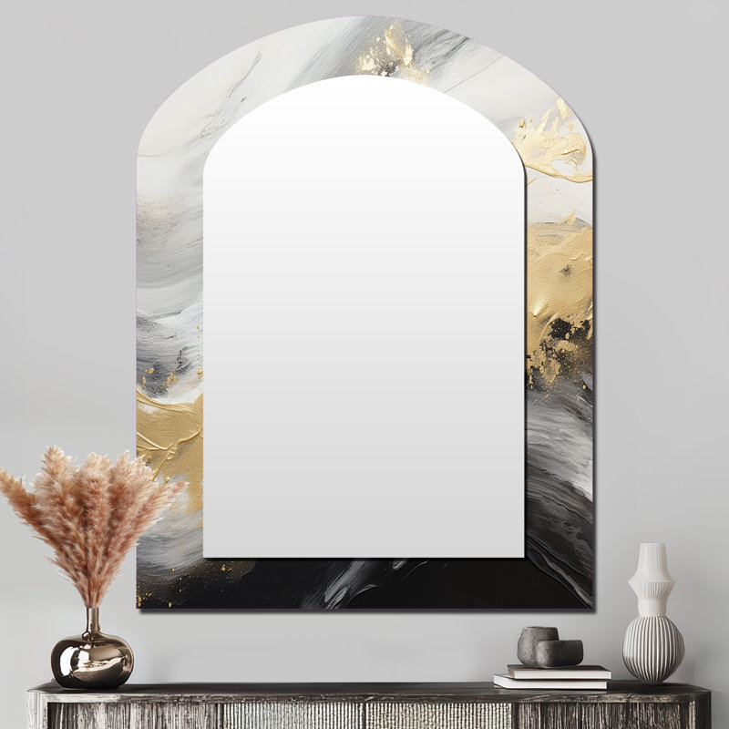 Gold And Black Soft Wave Fusion III - Abstract Shapes Asymmetrical Mirror, Beige Arch Unique Wall Mirror, Printed Metal Art