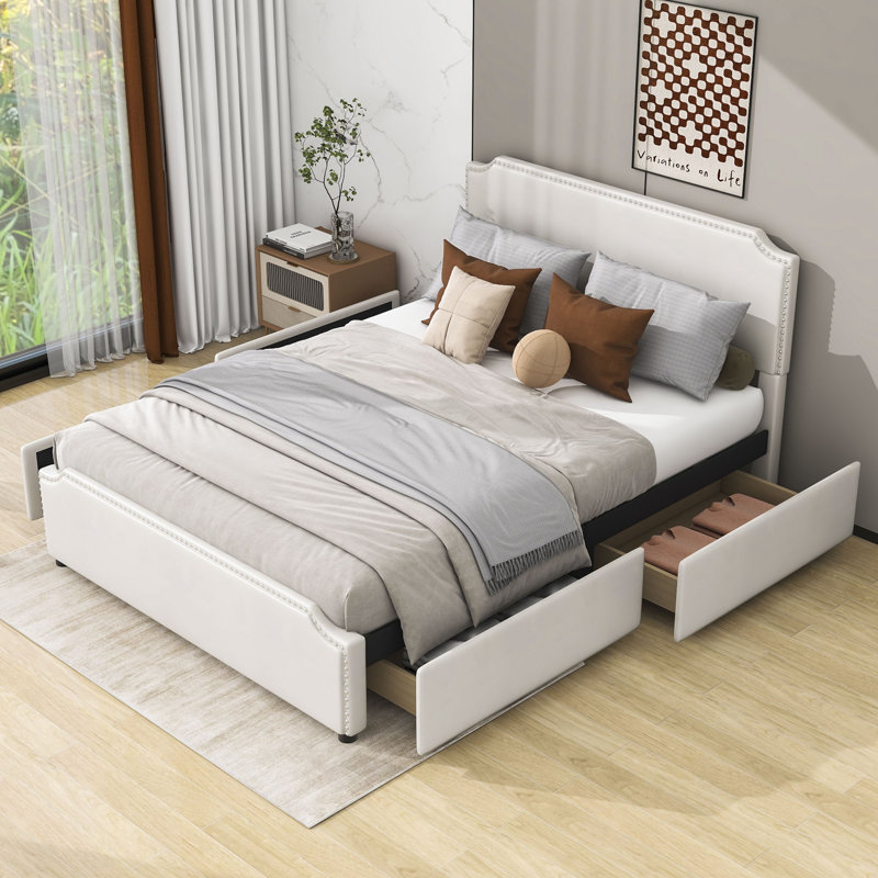 Zealand Queen Upholstered Platform Bed with 4 Drawers, Beige