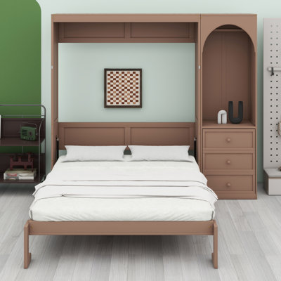 Lit escamotable avec tablettes de rangement, lumière DEL, tringle pour garde-robe et tiroirs intégrés