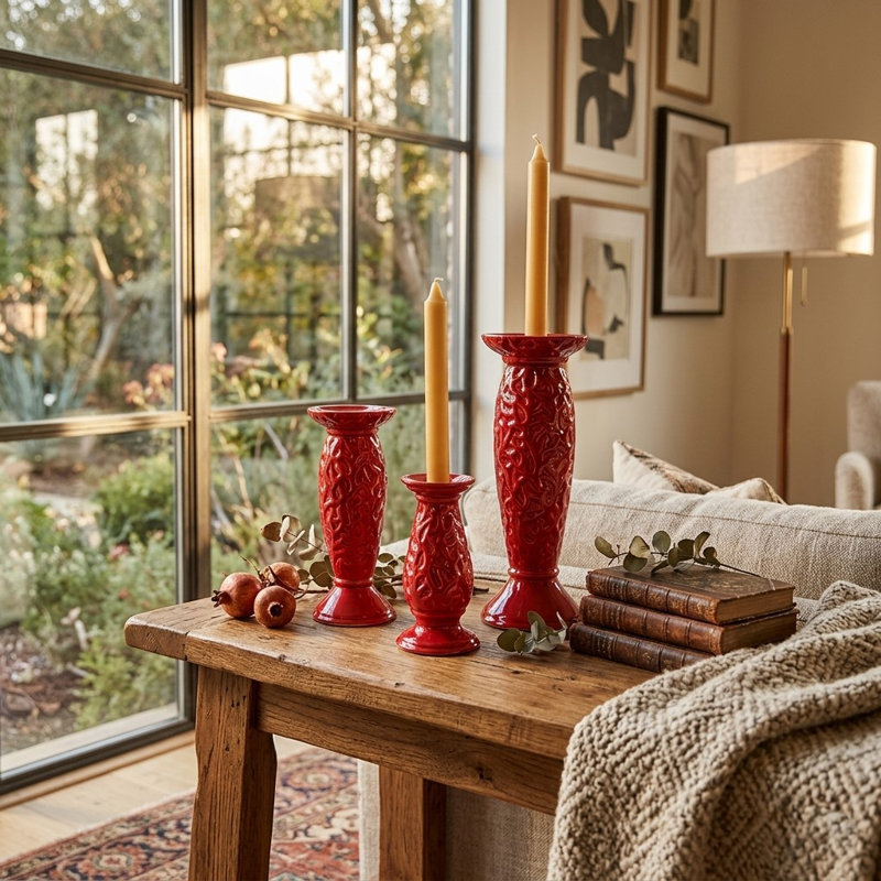 13'' H Tabletop Candlestick, Red