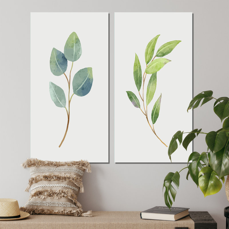 «Green Otanical Leaves and Flower II», ensemble de 2 impressions, H 20 po x l 24 po x P 1 po, Toile tendue