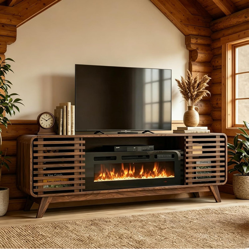 Meuble télé avec foyer pour téléviseurs de 90 et 80 pouces, Brun