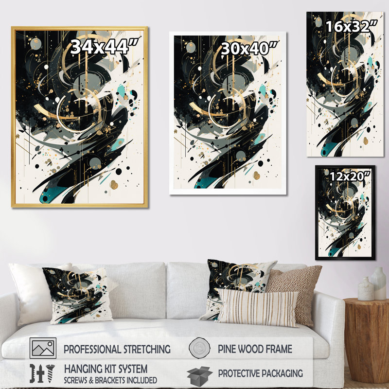 Abstractions symétriques dorées sur toile, Cadre simple noir, H 32 po x l 24 po x P 1 po