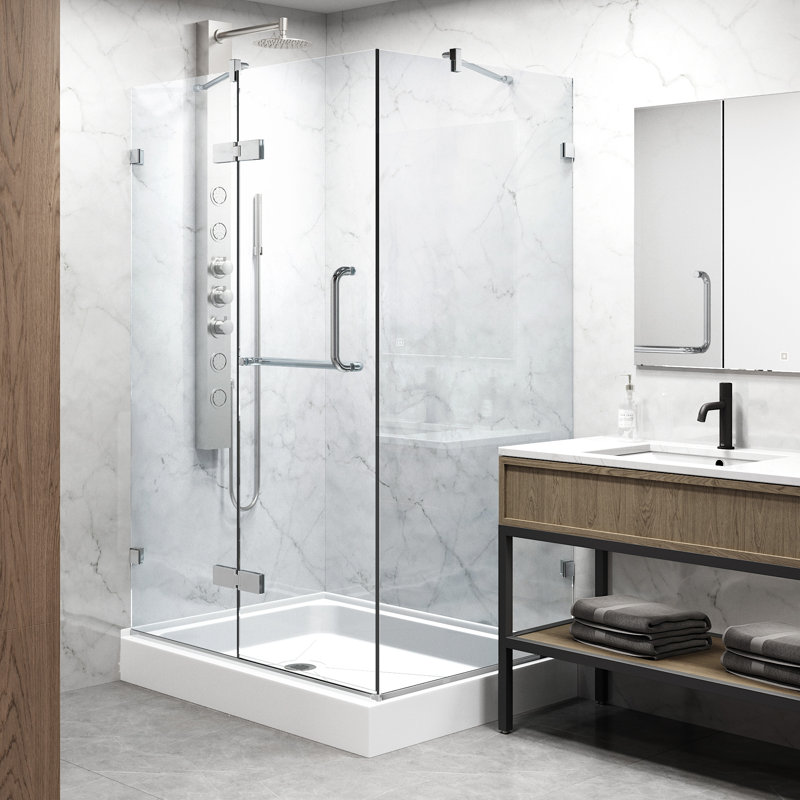 Cabine de douche à charnière sans cadre avec verre transparent 3/8 et base Monteray l 40 po x P 32 po x H 79 po, Chrome