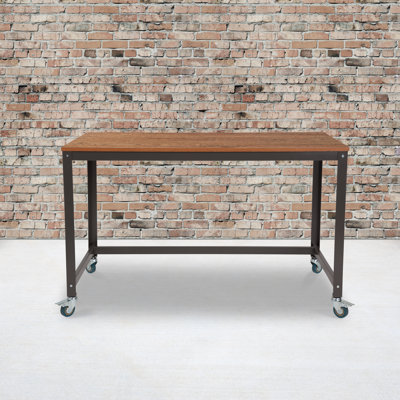 Coventry Computer Table and Desk in Brown Oak Wood Grain Finish with Metal Wheels by Symple Stuff