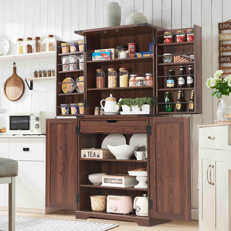 Aaleah 72'' Kitchen Pantry with Classified Pantry Door, Storage Cabinet with Organizer, Drawer,Adjustable Shelves, Brown