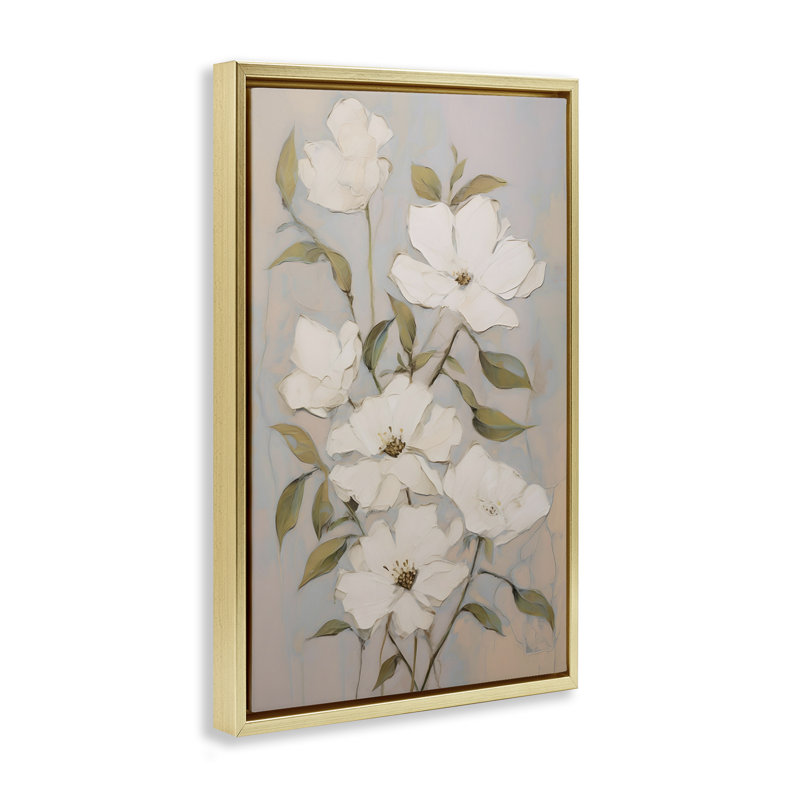 Fleurs flottantes nacrées, toile encadrée noire par Petals Prints Design, H 25 po x l 17 po, Cadre flottant métallique doré