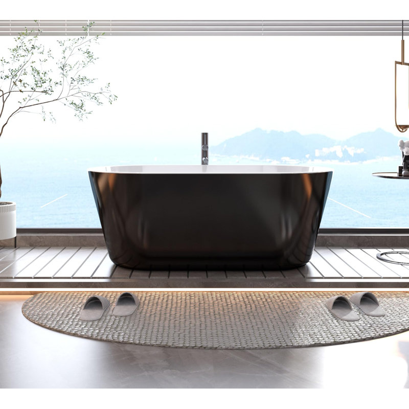59 in Acrylic Freestanding Bathtub, Contemporary Stand Alone Tub,Soaking Bathtub, Oval Bathtub with Chrome Overflow and Drain, Free Standing Tub for Bathroom，CUPC Certified